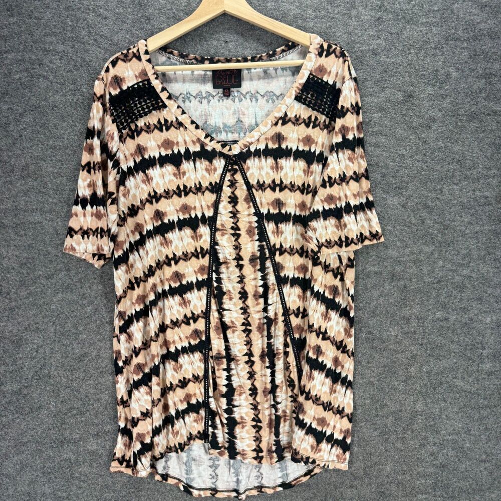 French Blue T-Shirt Women 1X Plus Beige Striped V-Neck Short Sleeve Rayon Casual
